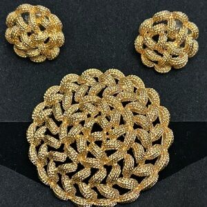 1980's Monet Gold Plated Braided Rope Large Brooch Pin & Earring Set  2.3"